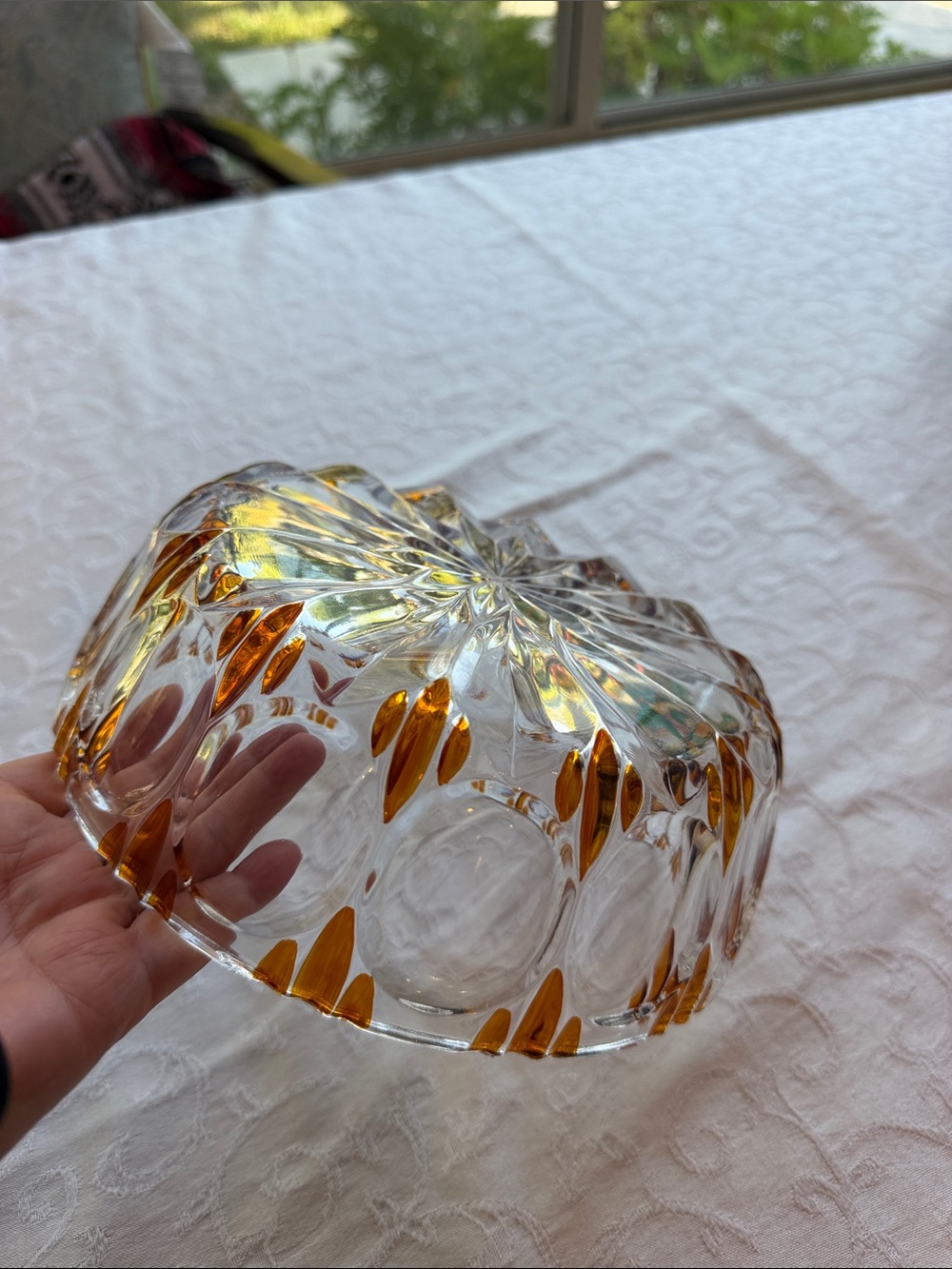 8.25” Vintage German Crystal Decorative Bowl with Amber Accents - Picture 10 of 11